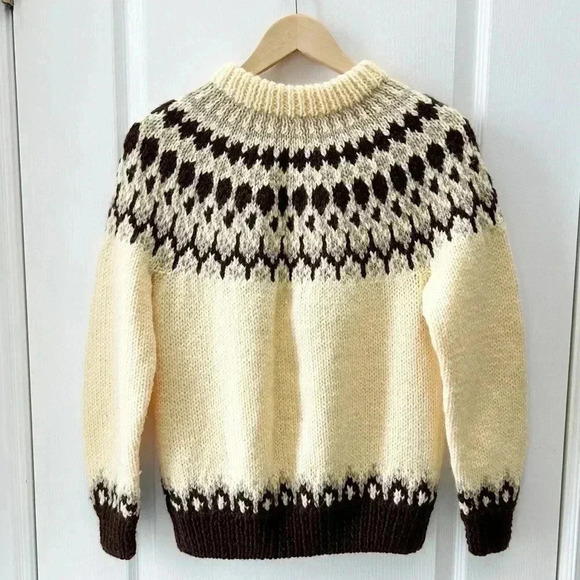 Hand Knit Cardigan Button Up Sweater Fair Isle Yellow and Brown  Size Small - Picture 4 of 13